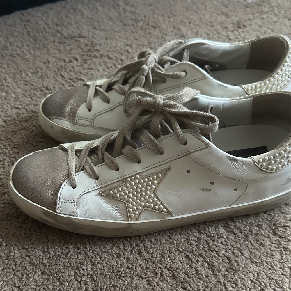 Golden Goose White and Tan Sneakers